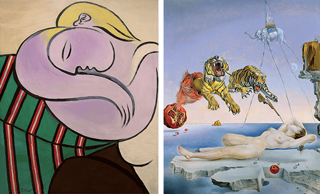 LEFT 1765321_FIG 4, RIGHT 1765321_FIG 5: [left] Pablo Picasso, Woman with Yellow Hair, 1931, Solomon R. Guggenheim Museum, New York. Image: Superstock / Bridgeman Images, Artwork: © 2022 Estate of Pablo Picasso / Artists Rights Society (ARS), New York [right] Salvador Dalí, Dream caused by the Flight of a Bee around a Pomegranate a Second before Waking up, 1944, Museo Thyssen-Bornemisza, Madrid, Spain. Image: Bridgeman Images, 